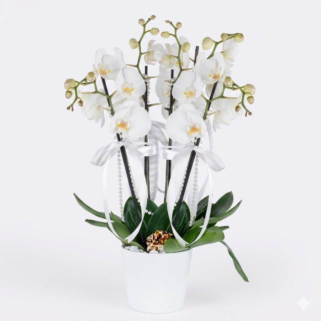 4 Dallı Beyaz Phalenopsis Orkide Aranjmanı