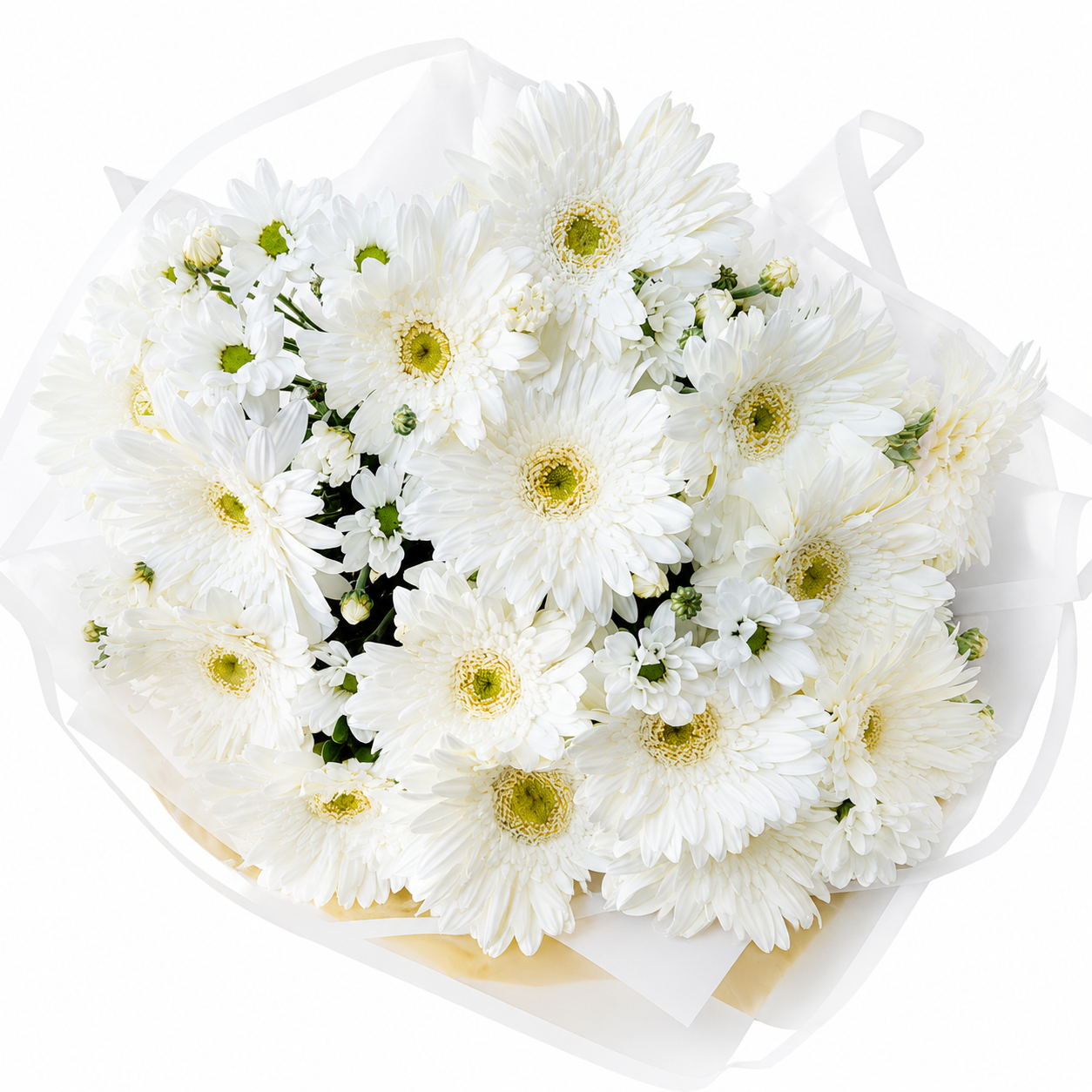 Karışık beyaz buket içerisinde beyaz gerbera ve beyaz krizantem çiçekleri